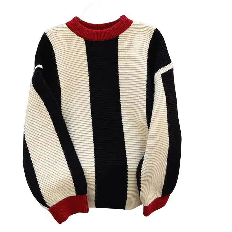 Women's striped round neck cashmere pullover sweater with contrast colour detail.