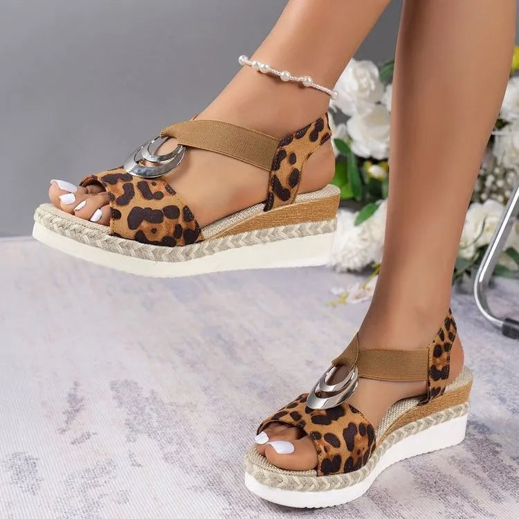 Platform wedge peep toe sandals with sequin cloth upper, ankle buckle and rubber sole, sizes 36-43