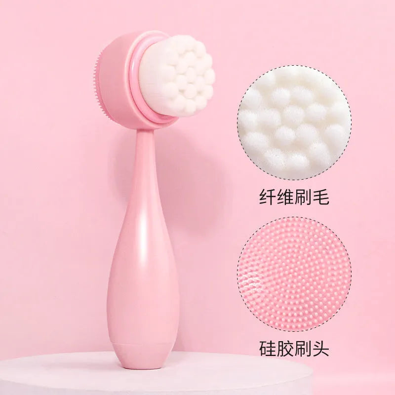 Facial brush set with coral fleece hair band, nylon brush heads, and plastic handle in purple, gray, white, or pink colours