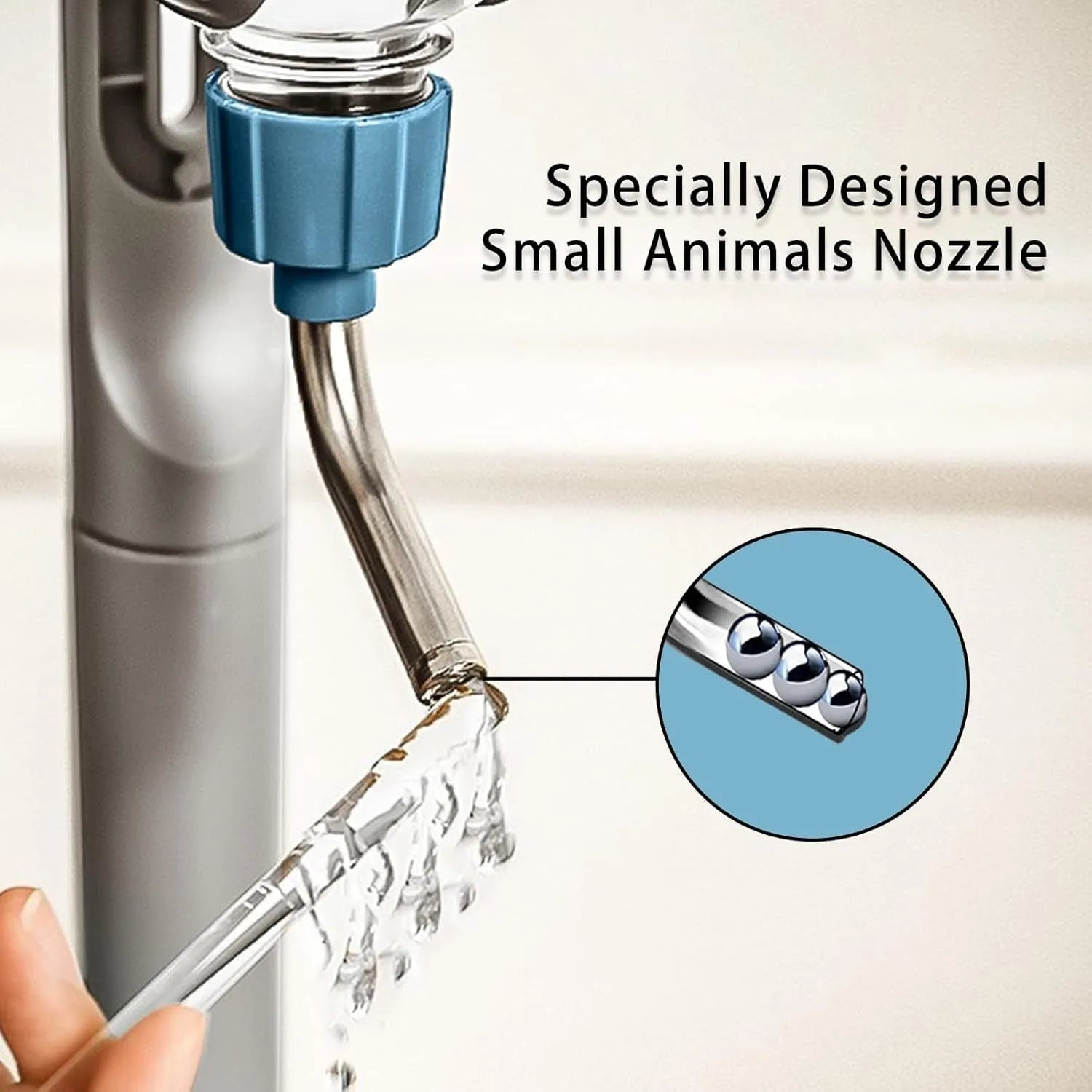 Blue small animal cage water bottle with rotatable nozzle and stainless steel drinking valve.