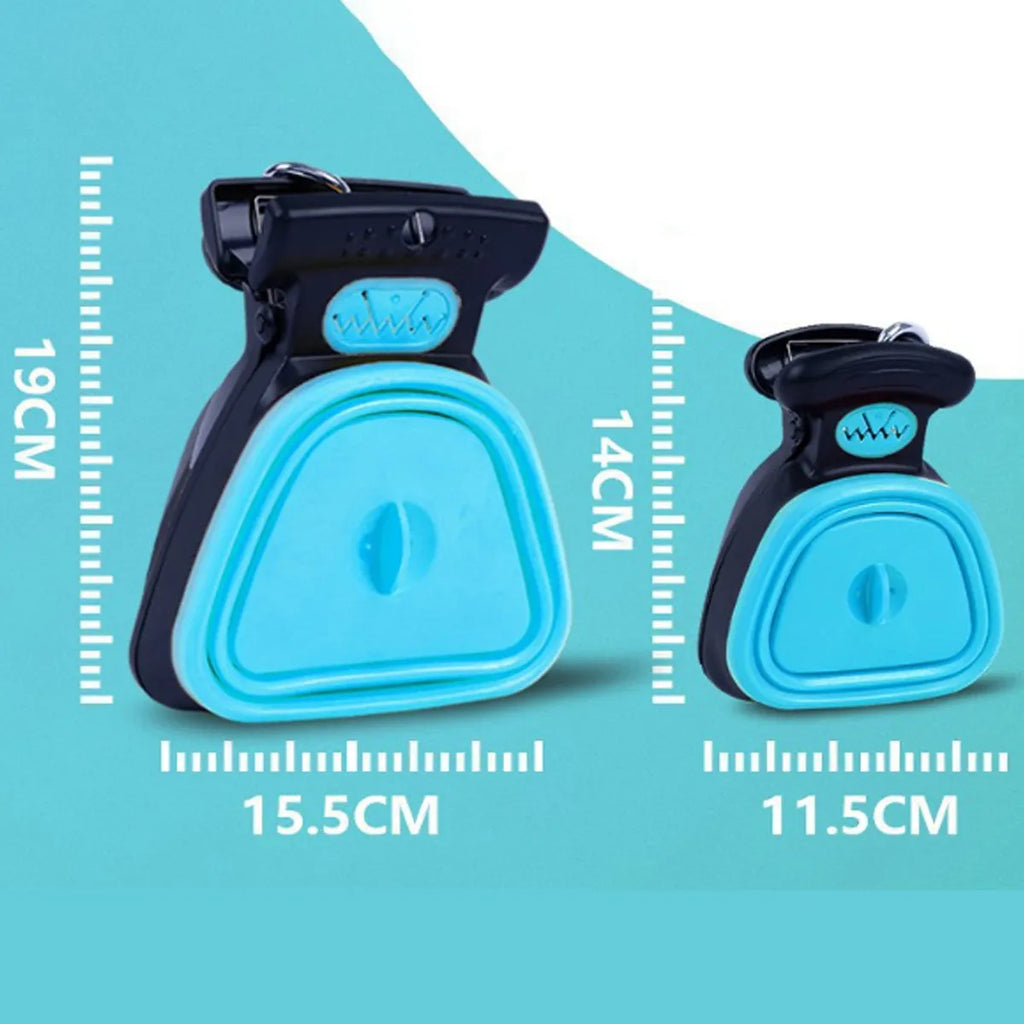Blue portable pooper scooper with clip and expandable waste container for dog walking.