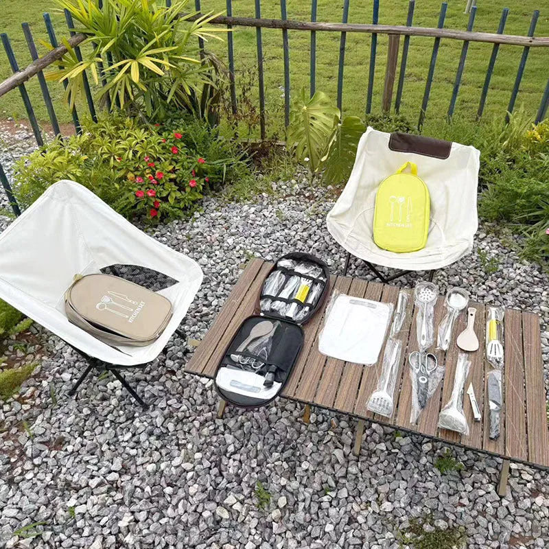 Multi-functional portable picnic kitchenware storage bag containing 12 piece stainless steel cutlery set