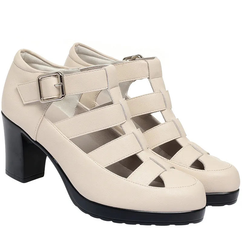 Women's beige closed toe sandals with a chunky heel, woven ankle strap, and back zipper.