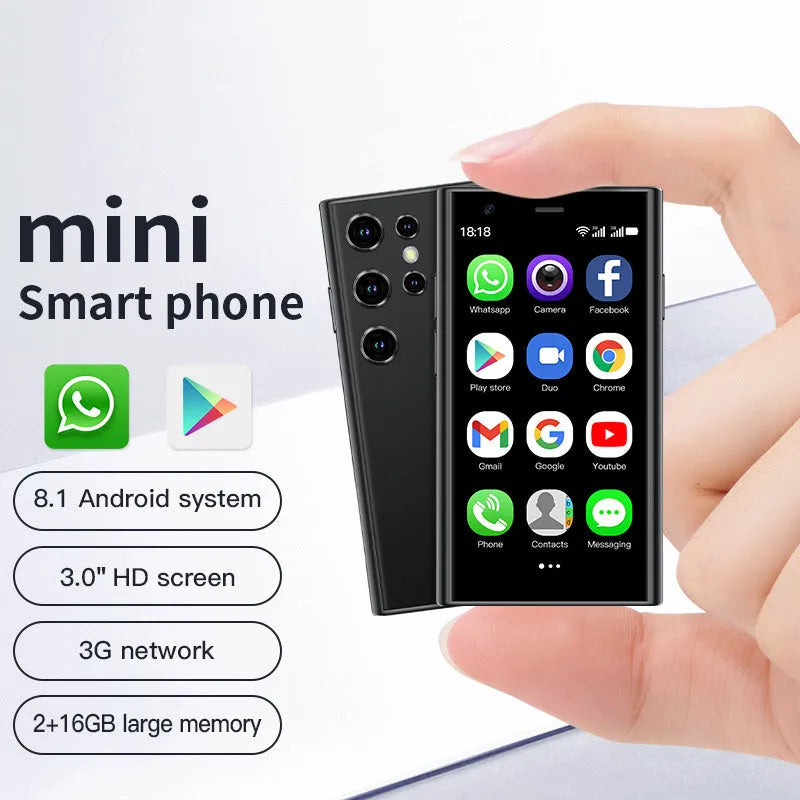S23PRO XS15 mini smartphone in black, green and pink purple colours with straight plate design