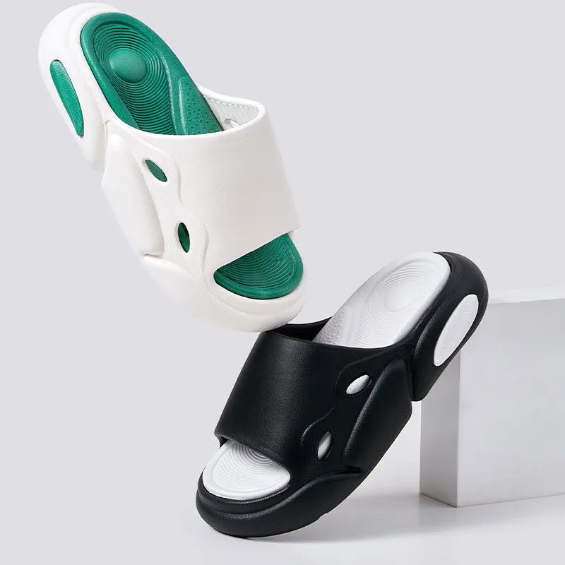 EVA thick-soled two-colour slippers for couples with leather lining shown in pink purple, white green, and black white colour options.