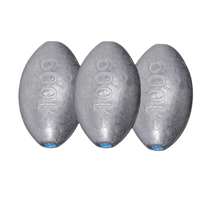 Rugby-shaped olive lead fishing sinker with textured Tongxin scale pattern, shown alongside weight options from 10g to 150g.