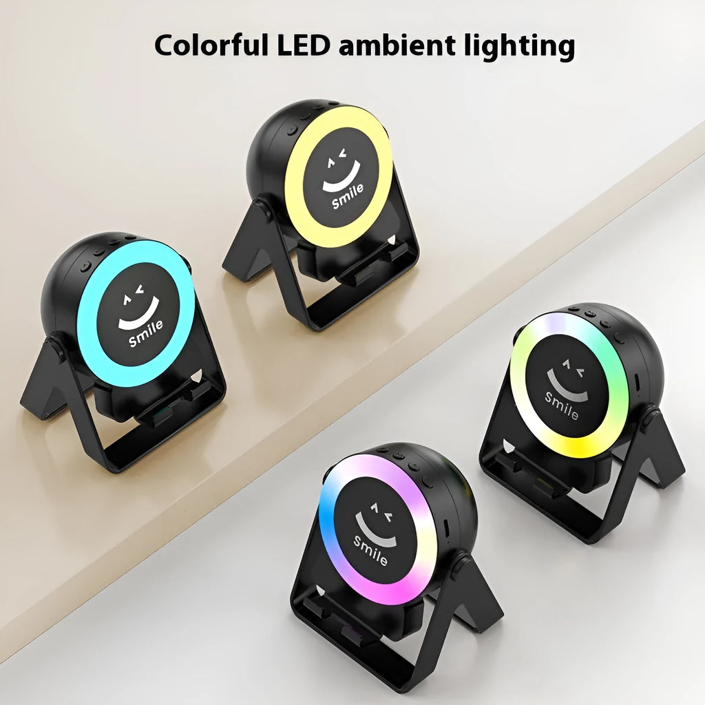 Black or white induction bracket mounted rechargeable Bluetooth speaker with LED light.