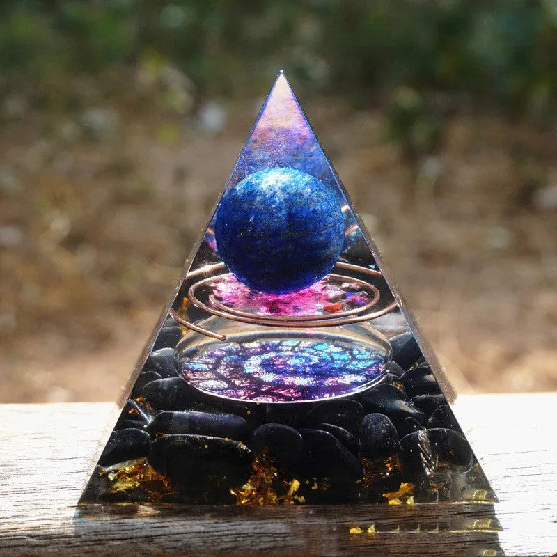 Small 6cm crystal epoxy resin pyramid decoration with natural gravel, shown in a selection of colours including lapis lazuli and obsidian.