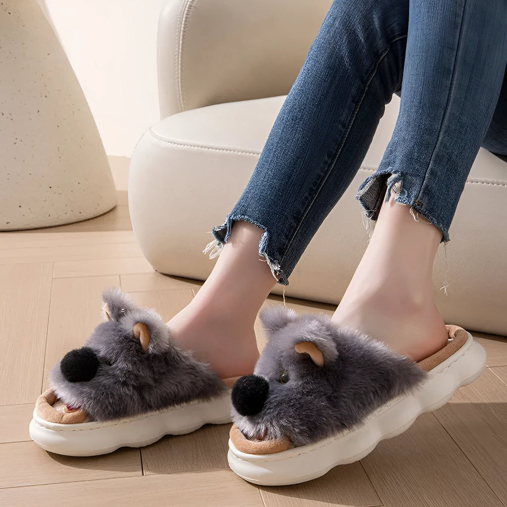 Women's linen indoor slippers with cartoon animal design, thick EVA sole, available in pink and white