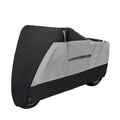 Motorcycle cover in black with anti-theft grommets showing size options M to XXXXL