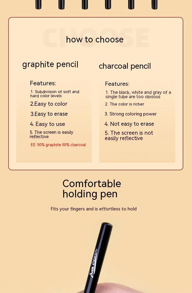 Set of six wood-free graphite sketching pencils with grades HB 2B 4B 6B 8B EE for art drawing