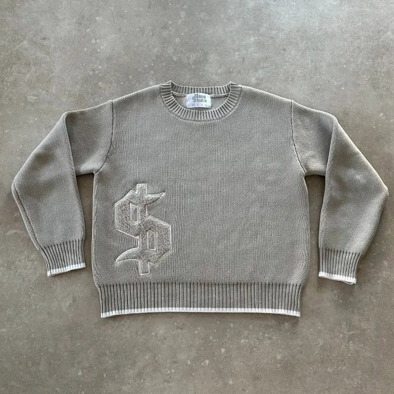 Grey loose-fitting jacquard knitwear coat with long sleeves