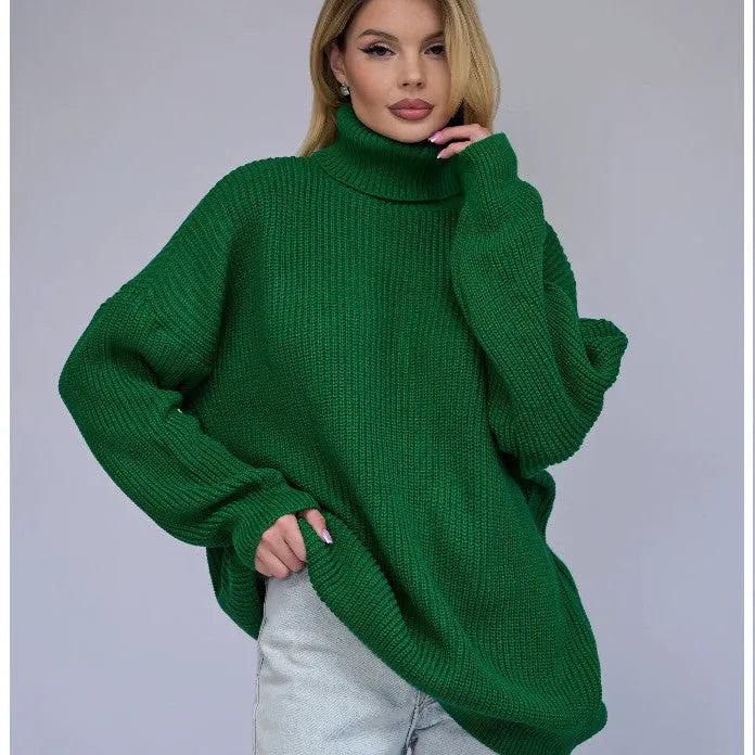 Women's high neck pullover sweater in imitation cashmere polyester with 3D pattern and loose fit