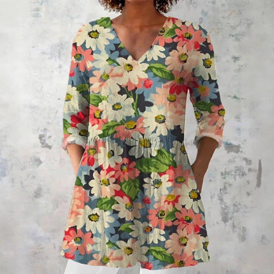 Women's retro slim fit printed long-sleeved top in a digital print design, shown on a model.