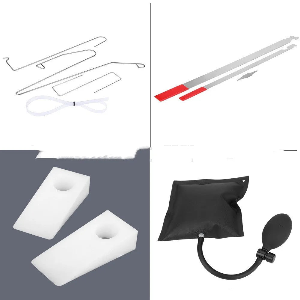 9-piece automotive maintenance tool set with air pump wedge, plastic wedges, and metal hook tools for vehicle lockout situations