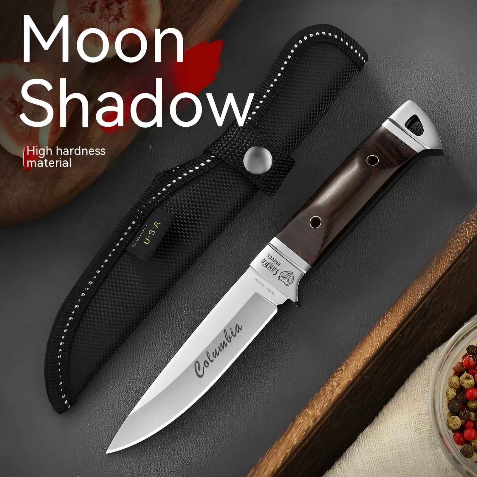 Camping portable fruit knife with stainless steel blade and leather protective case