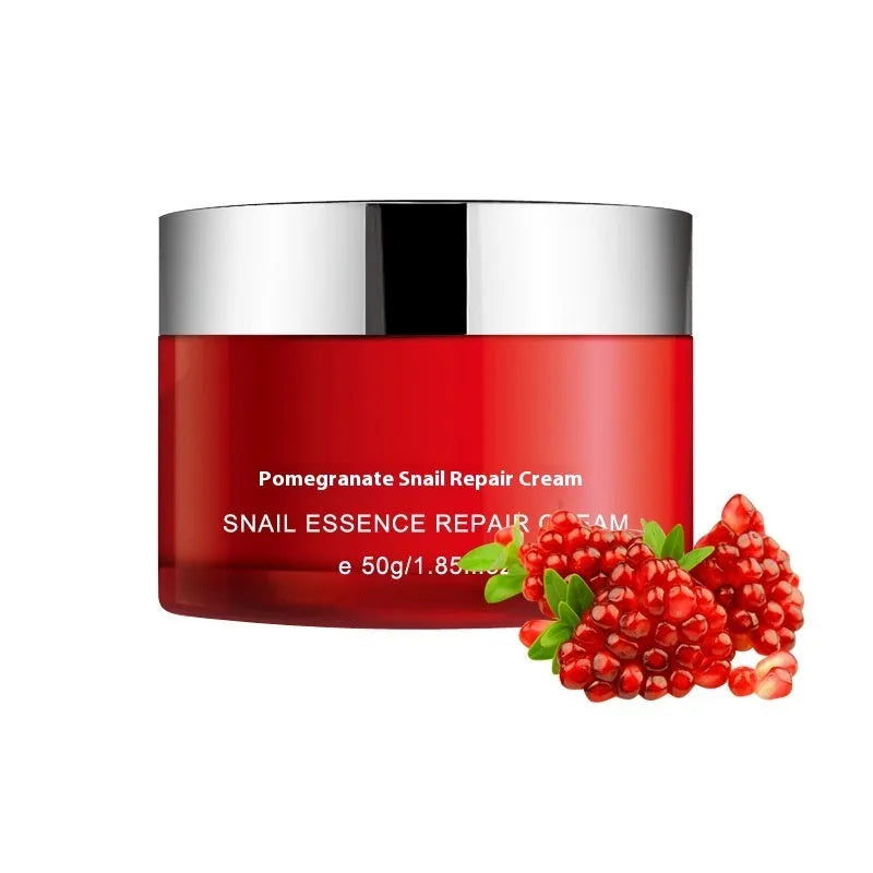 Red pomegranate skincare set showing four bottles: face wash, toner, lotion, and facial cream.