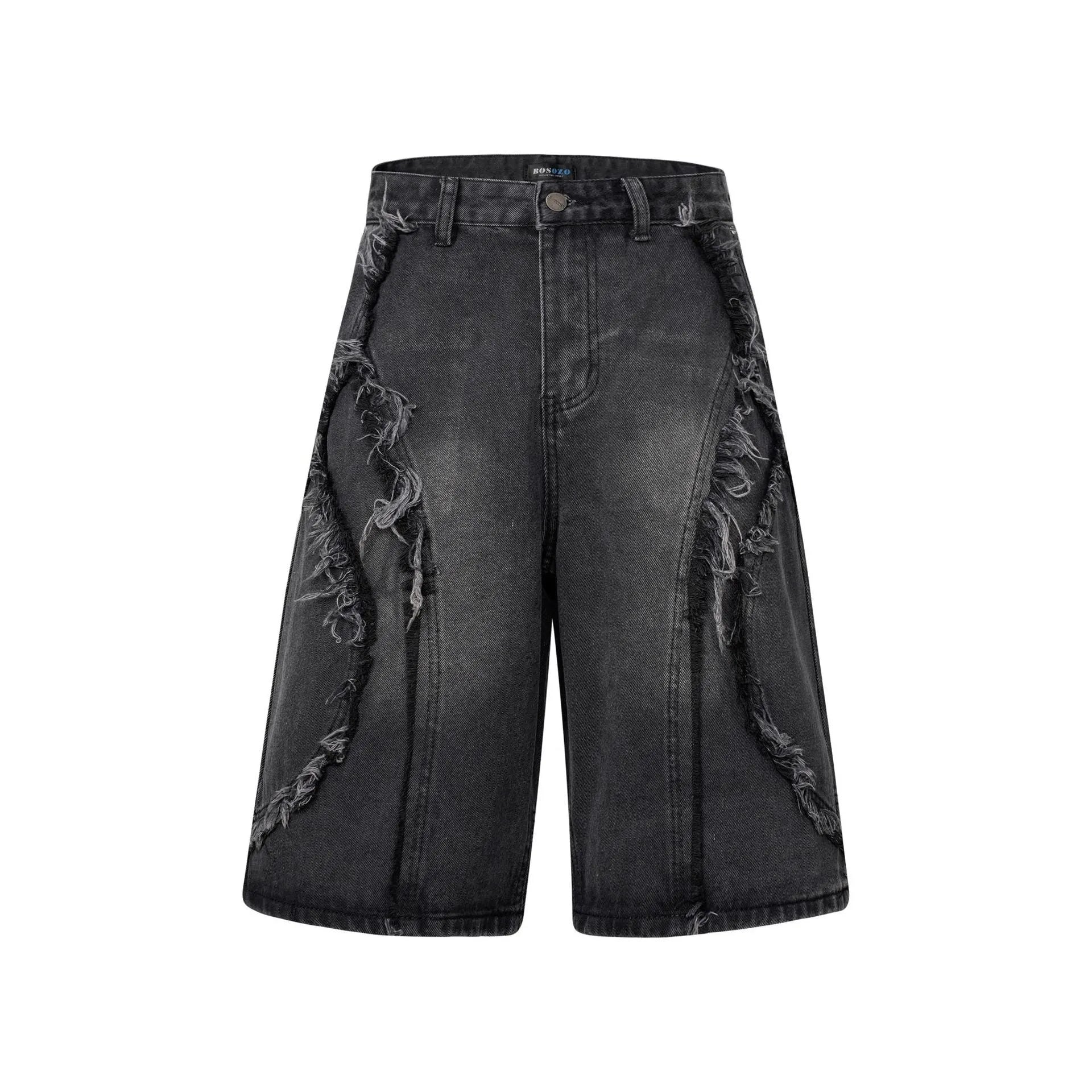 American Pu Shuai distressed raw edge denim shorts for men in a straight-leg cropped style.