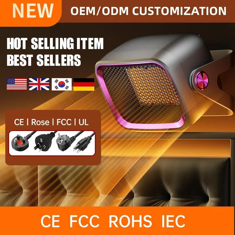 White rotatable desktop PTC ceramic heater showing control buttons and air outlet.