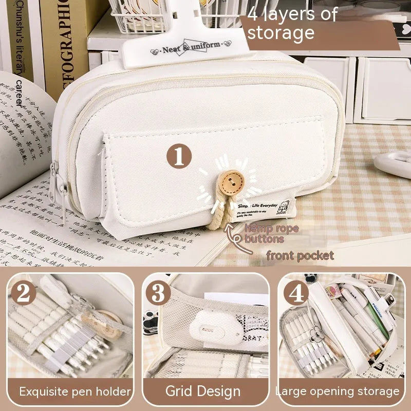 Korean-style canvas pencil case in green with capacity for approximately 80 pens