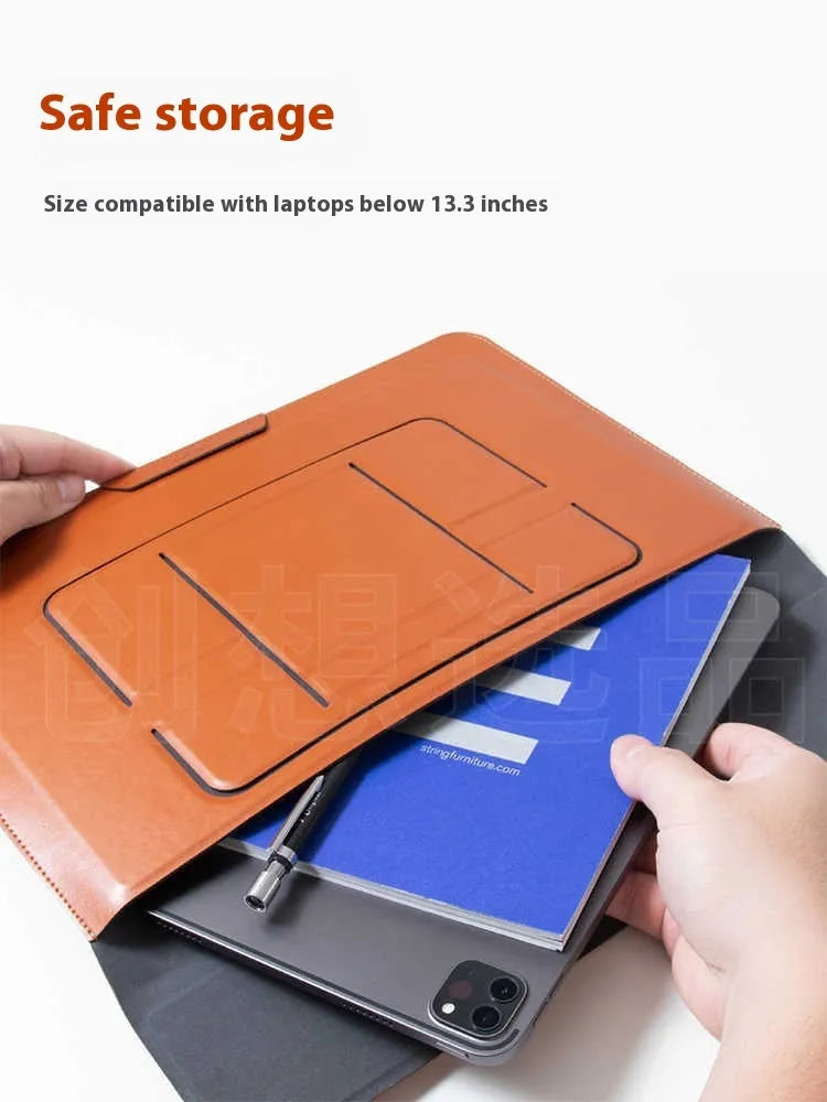 Brown integrated laptop bracket bag showing dual-angle stand position for a 13.3-inch notebook.