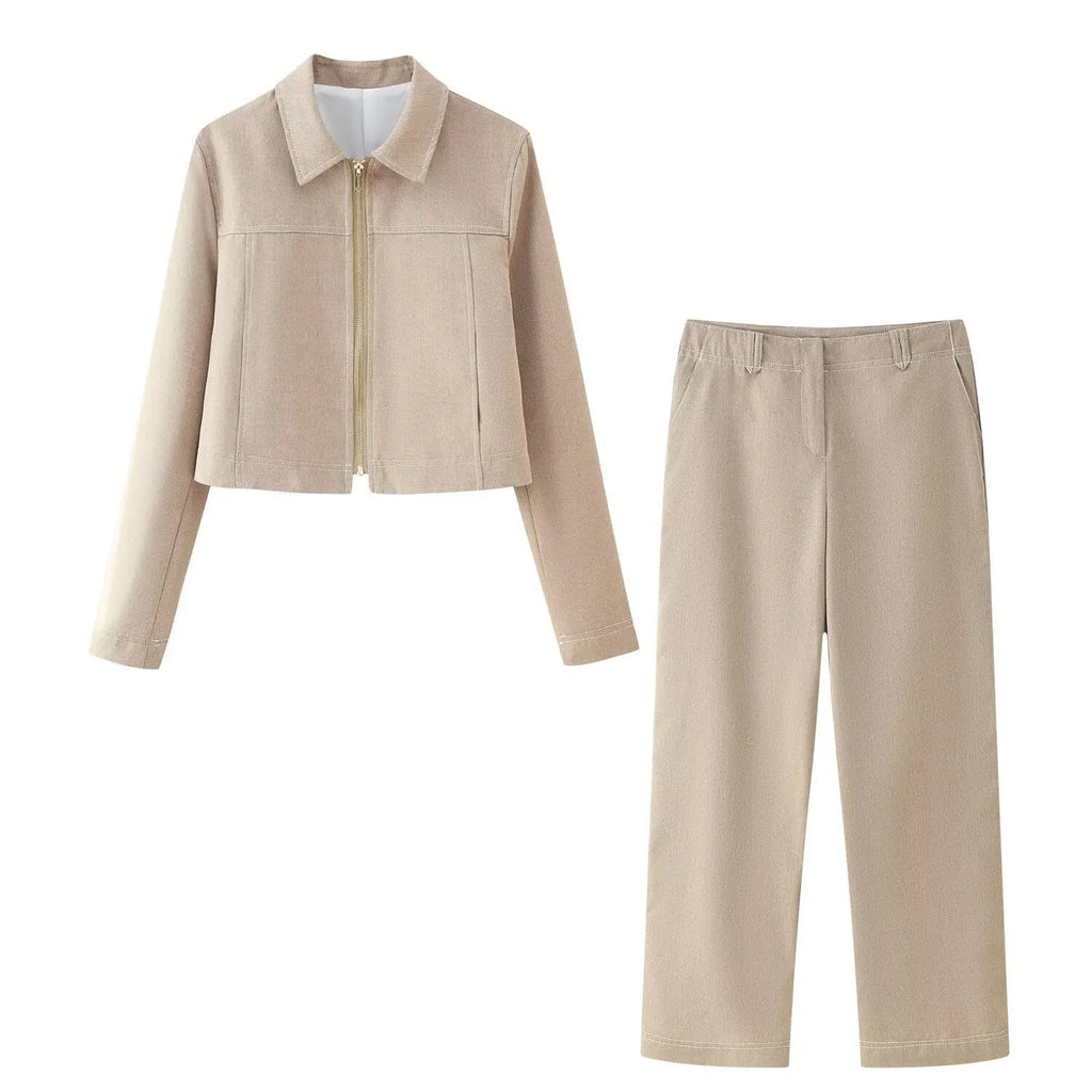 Women's herringbone pattern summer suit set with 3D embroidery and straight-leg trousers