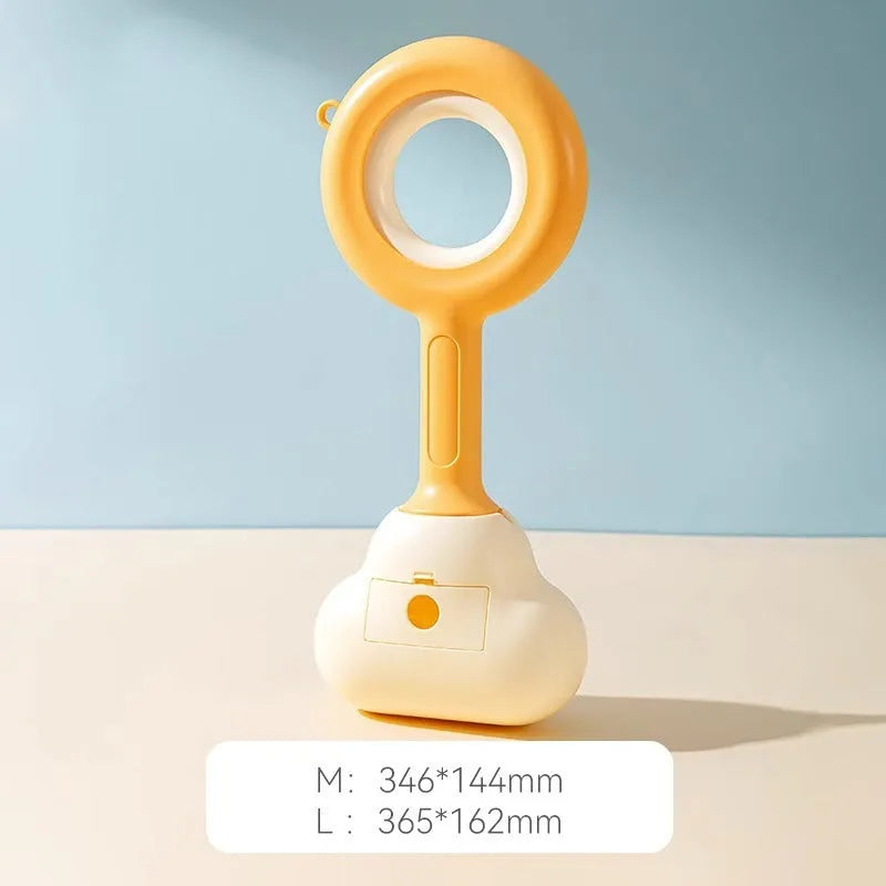 Blue and yellow dog pooper scooper with cloud-shaped jaw and ergonomic grip