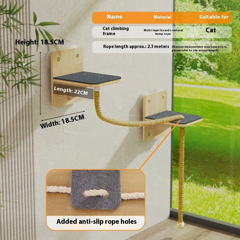 Suspended cat climbing frame with sisal scratching surfaces mounted on wall