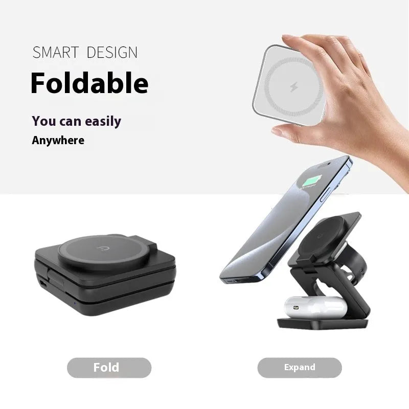 White foldable magnetic wireless charging phone holder showing adjustable stand with phone attached