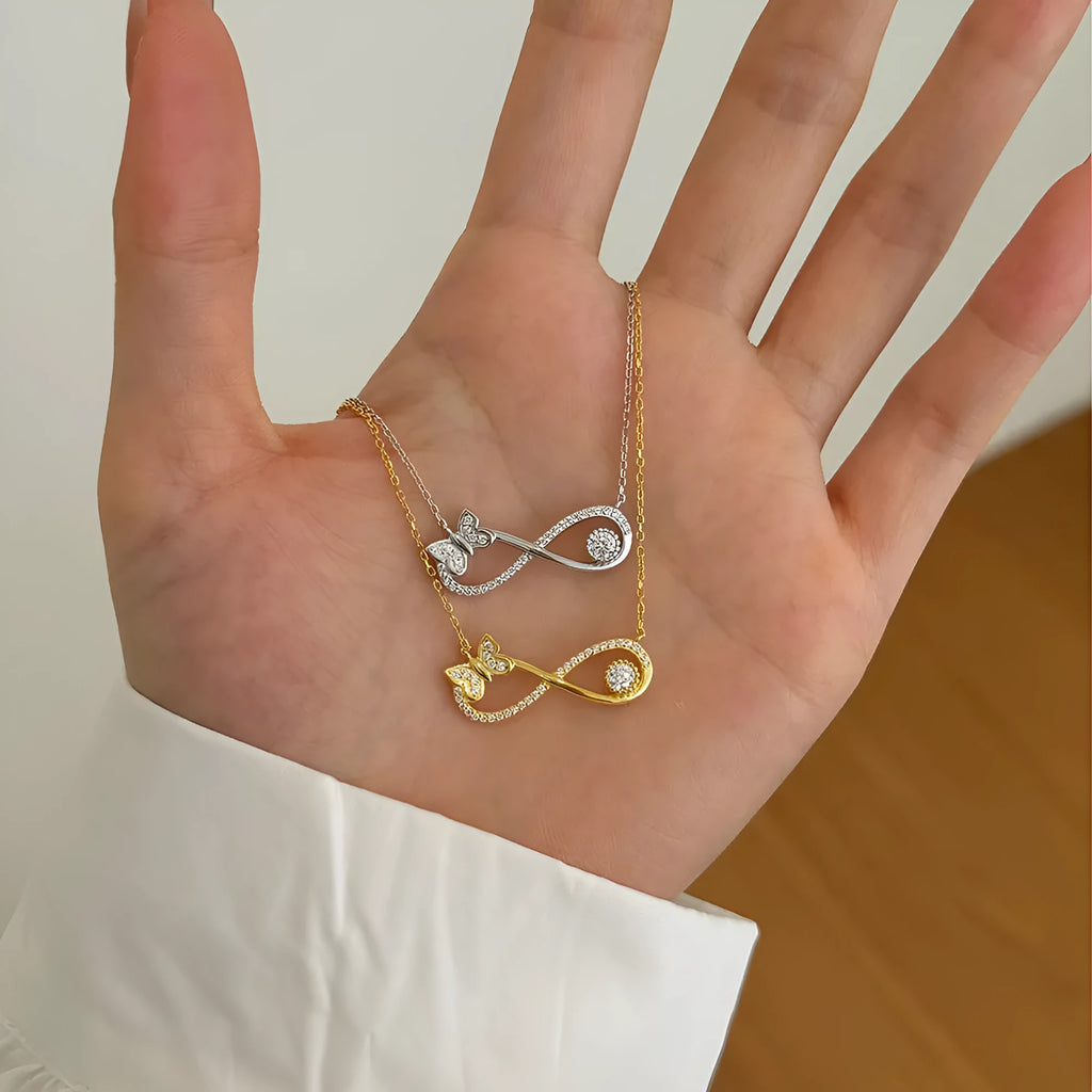 925 sterling silver Mobius bow zircon clavicle chain in gold or platinum finish with butterfly detail