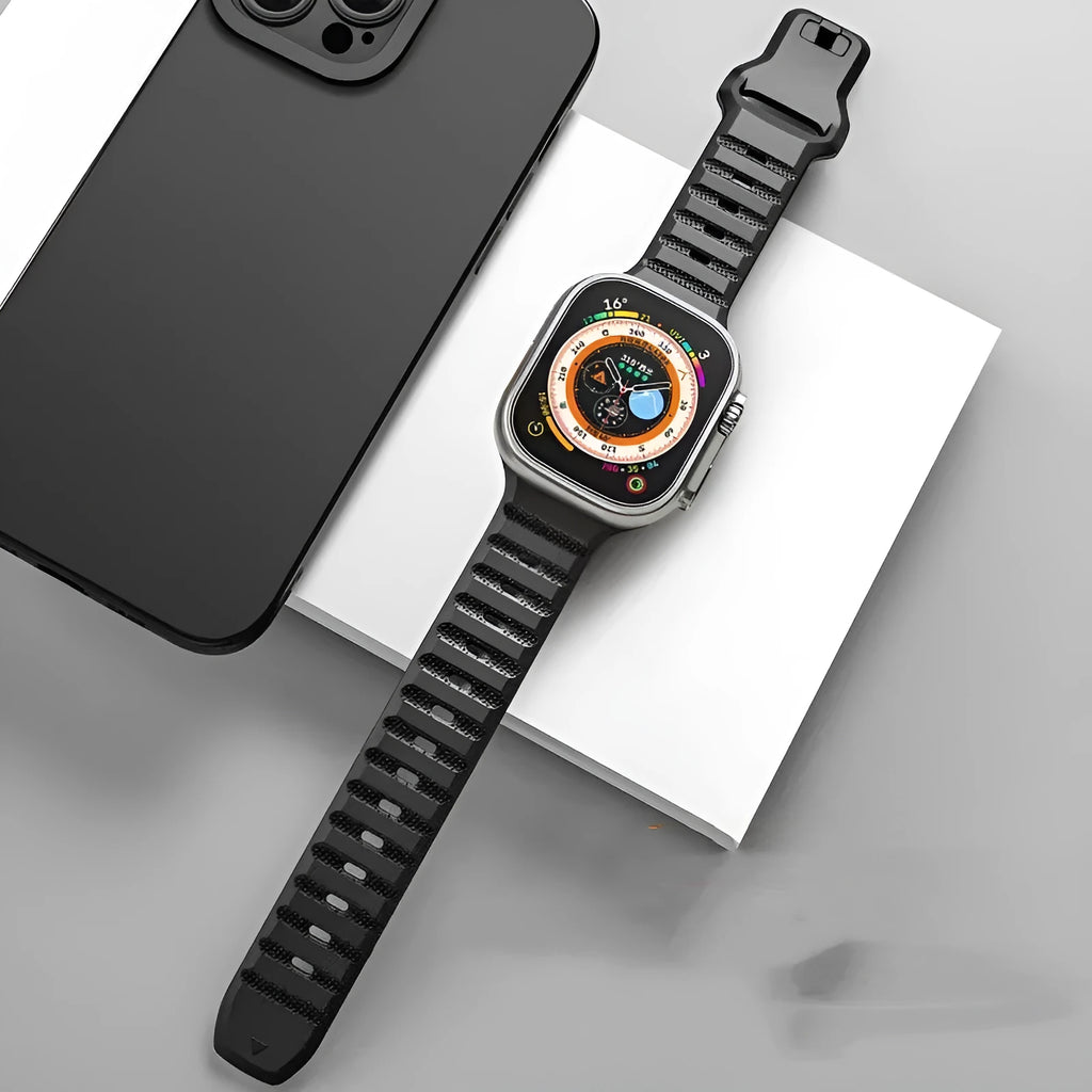 Fluoro rubber Apple Watch replacement strap with T-buckle clasp shown in multiple colour options