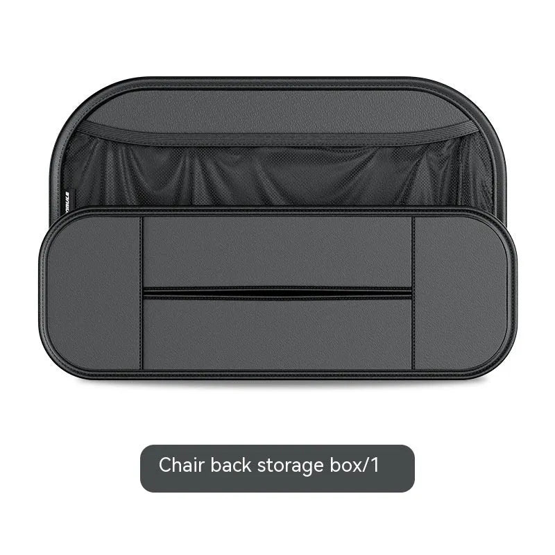 Black leather storage bag attached to the back of a car seat for organisation.
