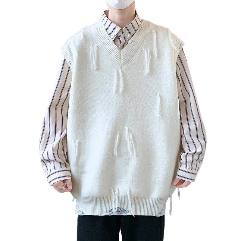 Men's sleeveless modal sweater in loose fit, available in white, grey, black, and green.