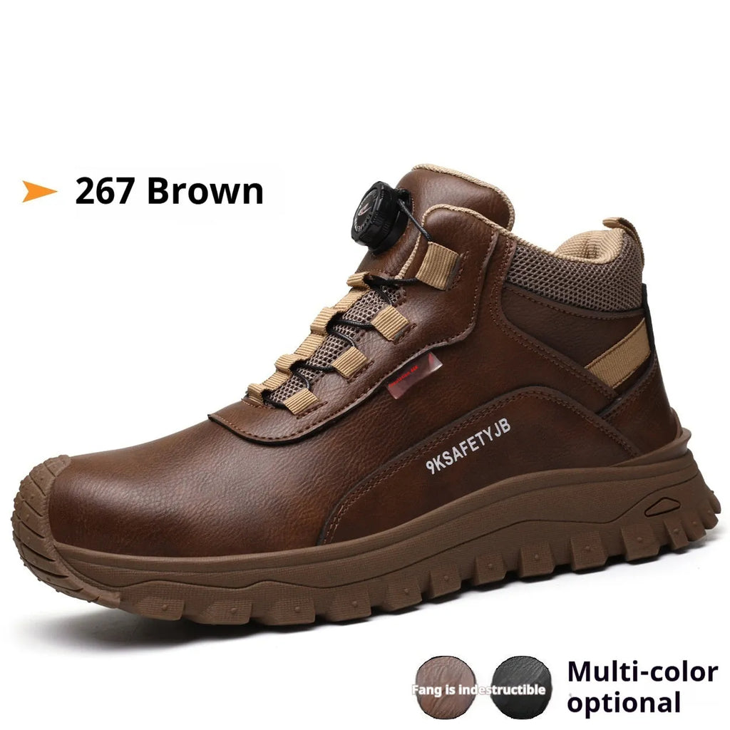 Flyknit safety work shoes with leather upper and rubber sole available in black, brown, and grey