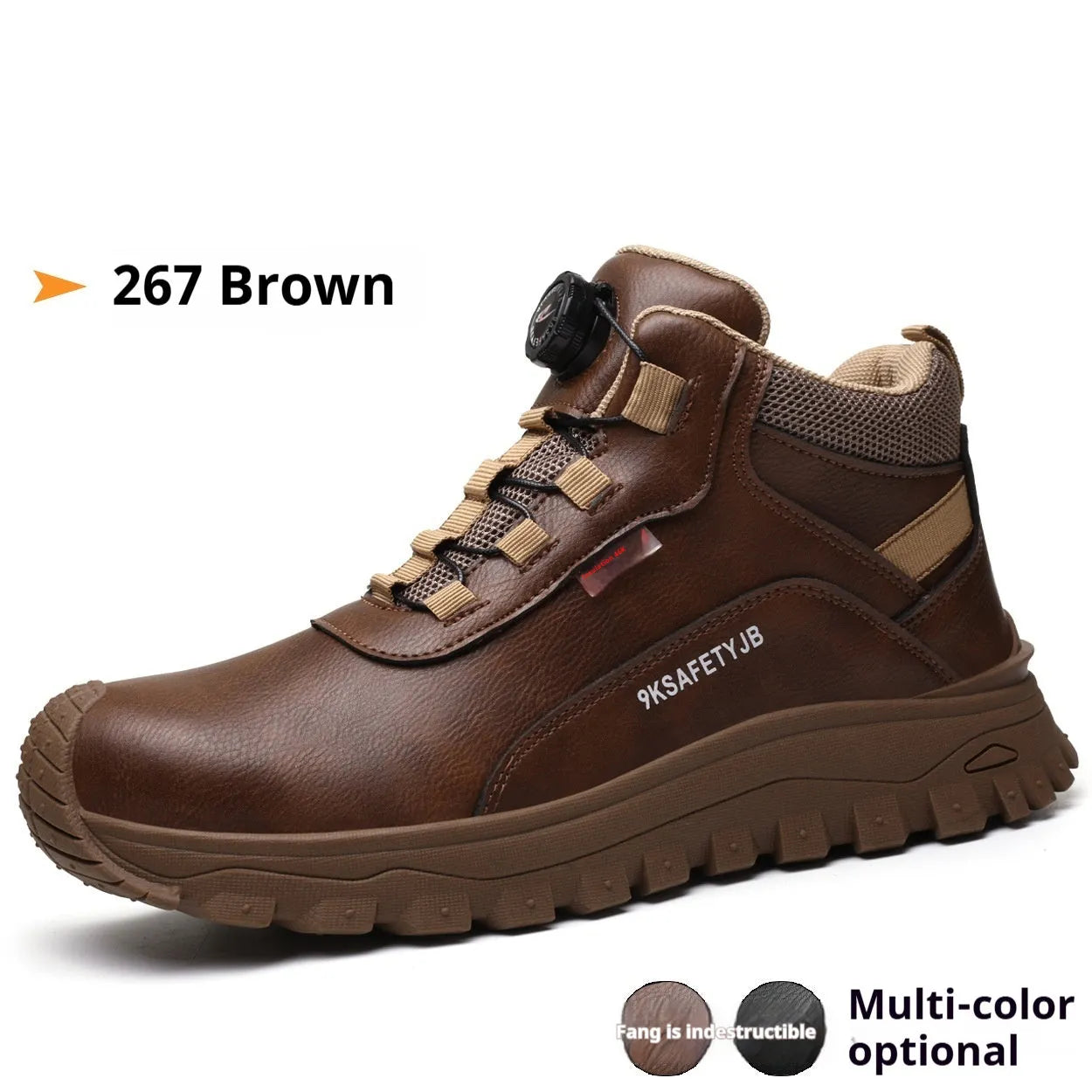 Flyknit safety work shoes with leather upper and rubber sole available in black, brown, and grey