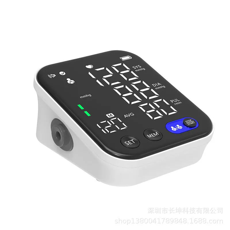 White electronic blood pressure monitor with ultra clear large screen and pulse sphygmomanometer for real-time measurement