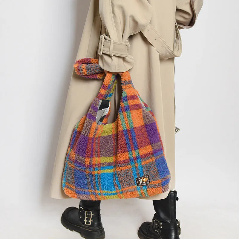 Women's plaid shoulder crossbody tote bag in soft plush material showing orange colour option