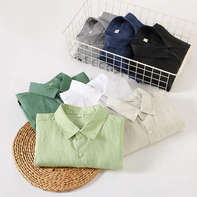 Linen long sleeve shirt in Chinese style cardigan design showing loose fit and sun protection