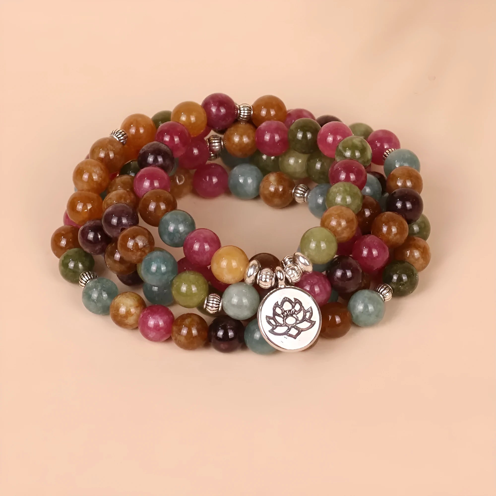 108-bead multi-layer bracelet with lotus design and tourmaline colour on hanging strings