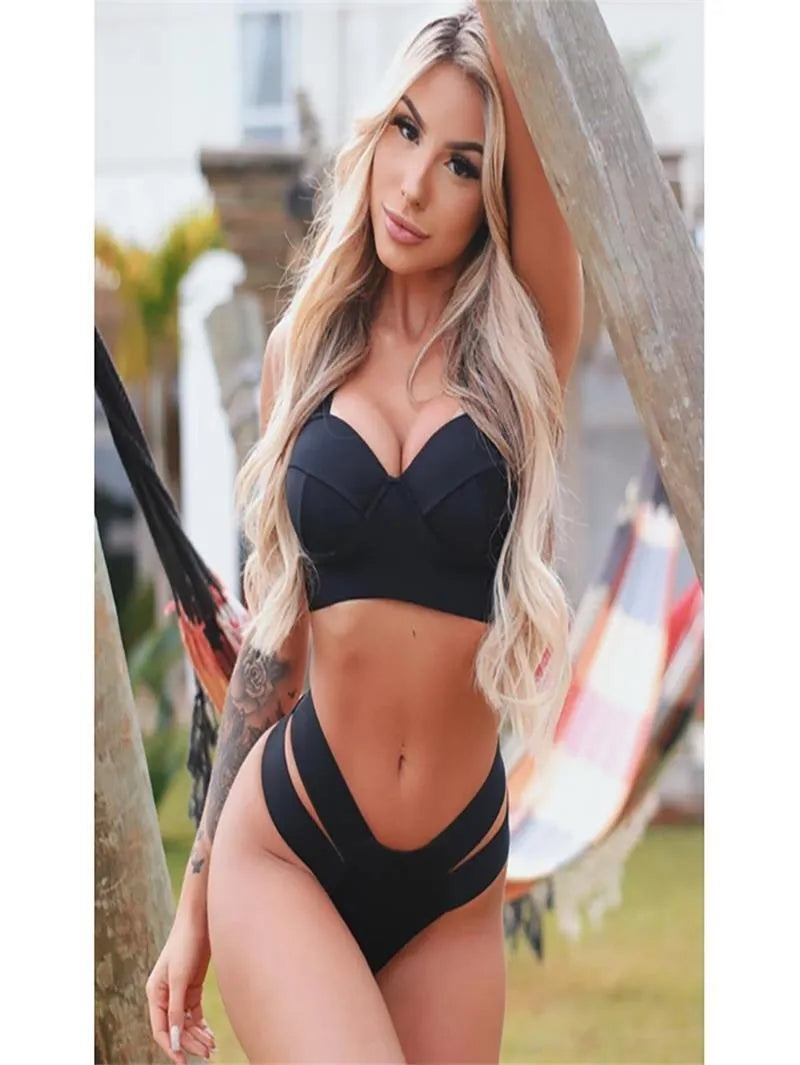Women's rose red bikini set with steel bracket push-up board top and matching bottoms.