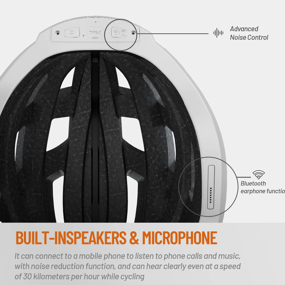 Smart black and grey cycling helmet with integrated warning lights showing USB charging port