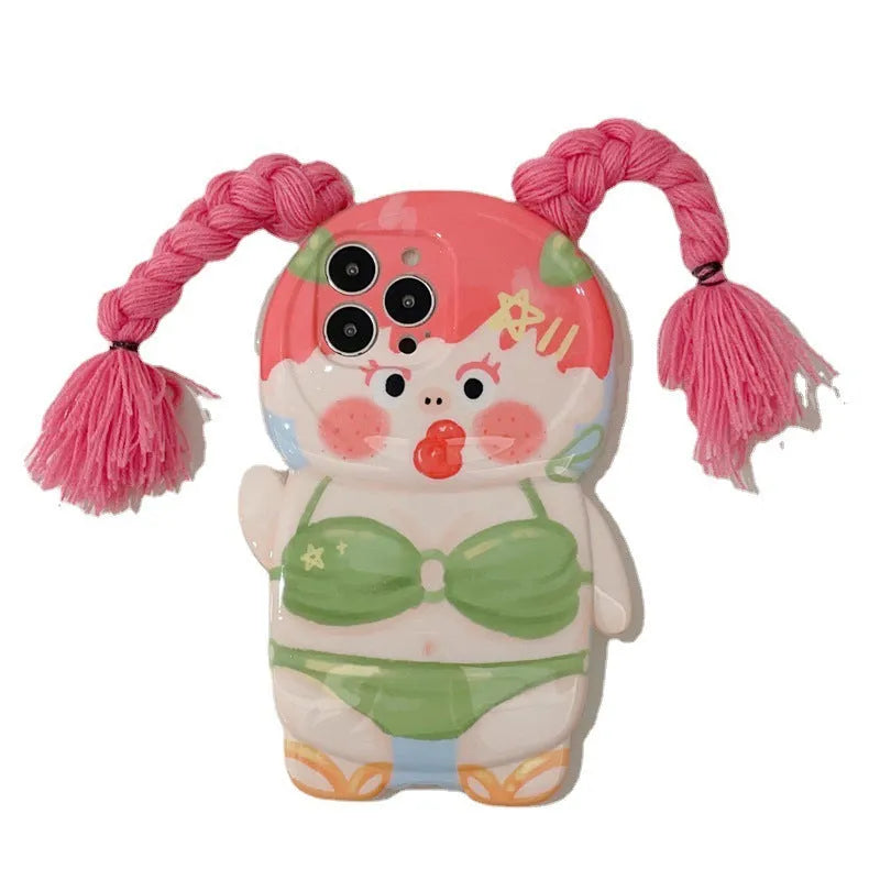 Pink and green cartoon braid swimsuit girl silicone iPhone case for iPhone 11 to 14 models