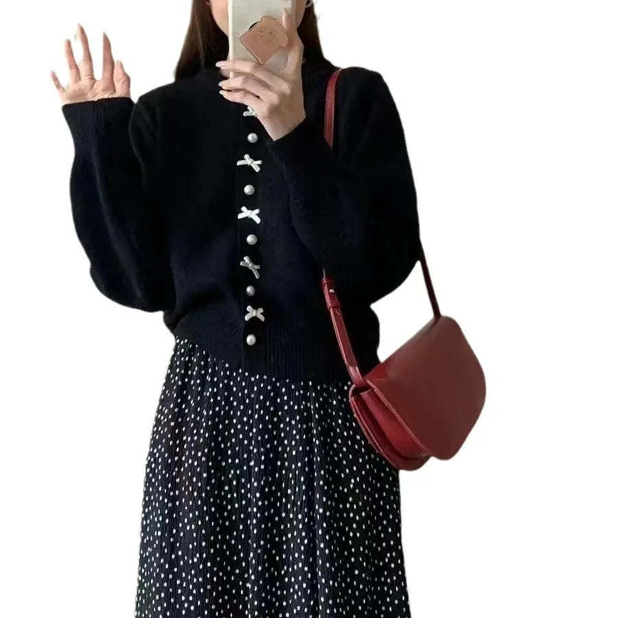 Women's cashmere acrylic cardigan with bow decoration and pearl buttons in various colours