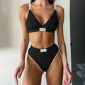 Women's grey embroidered bikini set with contrast binding letters on polyester fabric