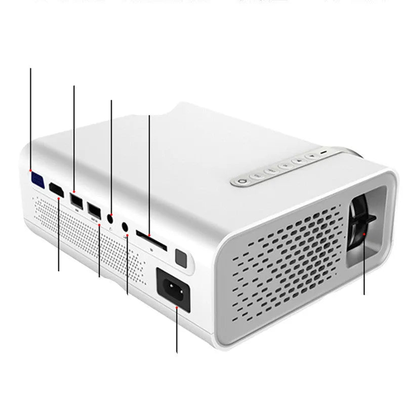Black YG530 mini wireless mobile phone LED projector on a table, showing a large projected image.