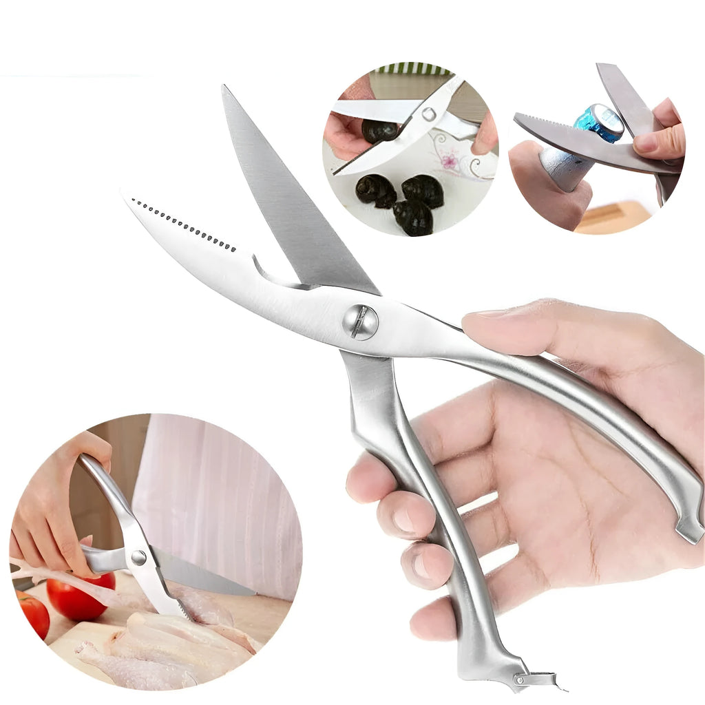Silver whole stainless steel kitchen shears, 25cm x 4.5cm with 9cm blade, serrated edge and locking handle.