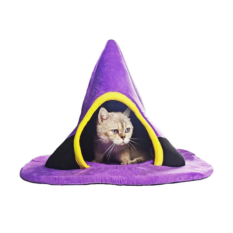 Purple Halloween witch hat shaped cloth cat nest bed measuring 60cm by 45cm.