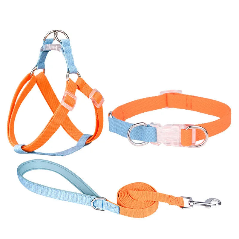 Polyester dog collar, lead and chest strap set in multiple colour combinations with adjustable sizing.