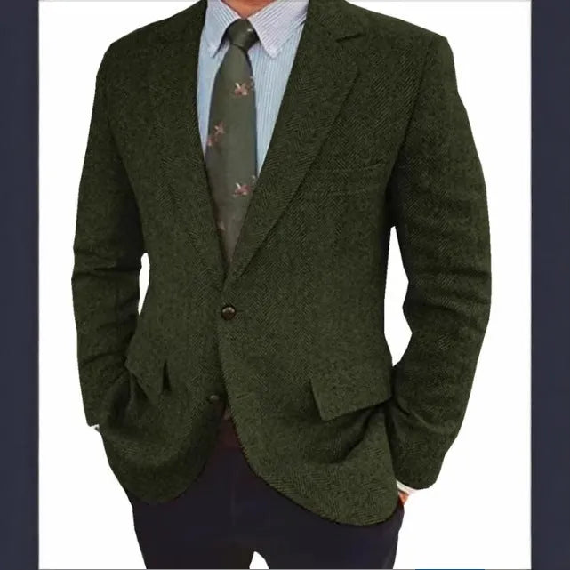 Men's brown herringbone pattern suit jacket with long sleeves and a retro business casual style