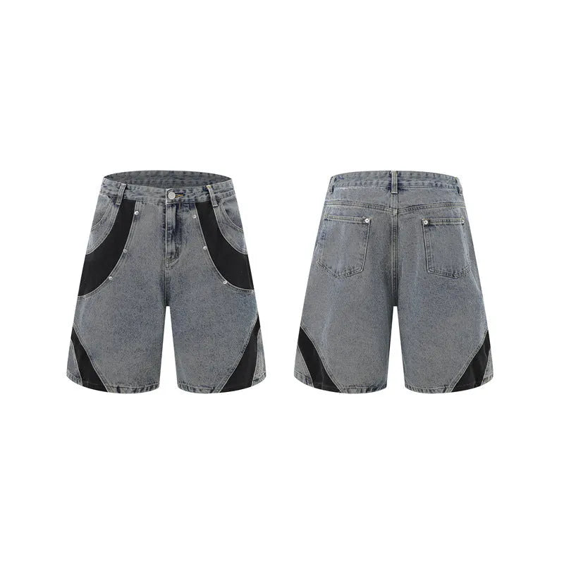 Retro washed denim suit for men featuring a short sleeve jacket and matching trousers.
